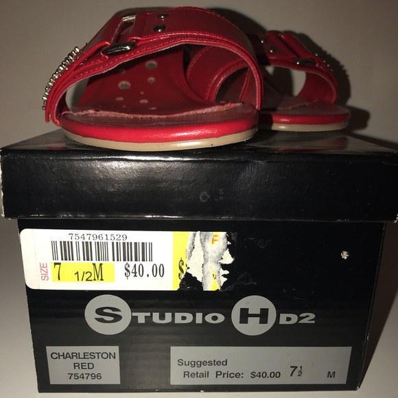 Red Studded Slide Low Heels - Picture 4 of 7